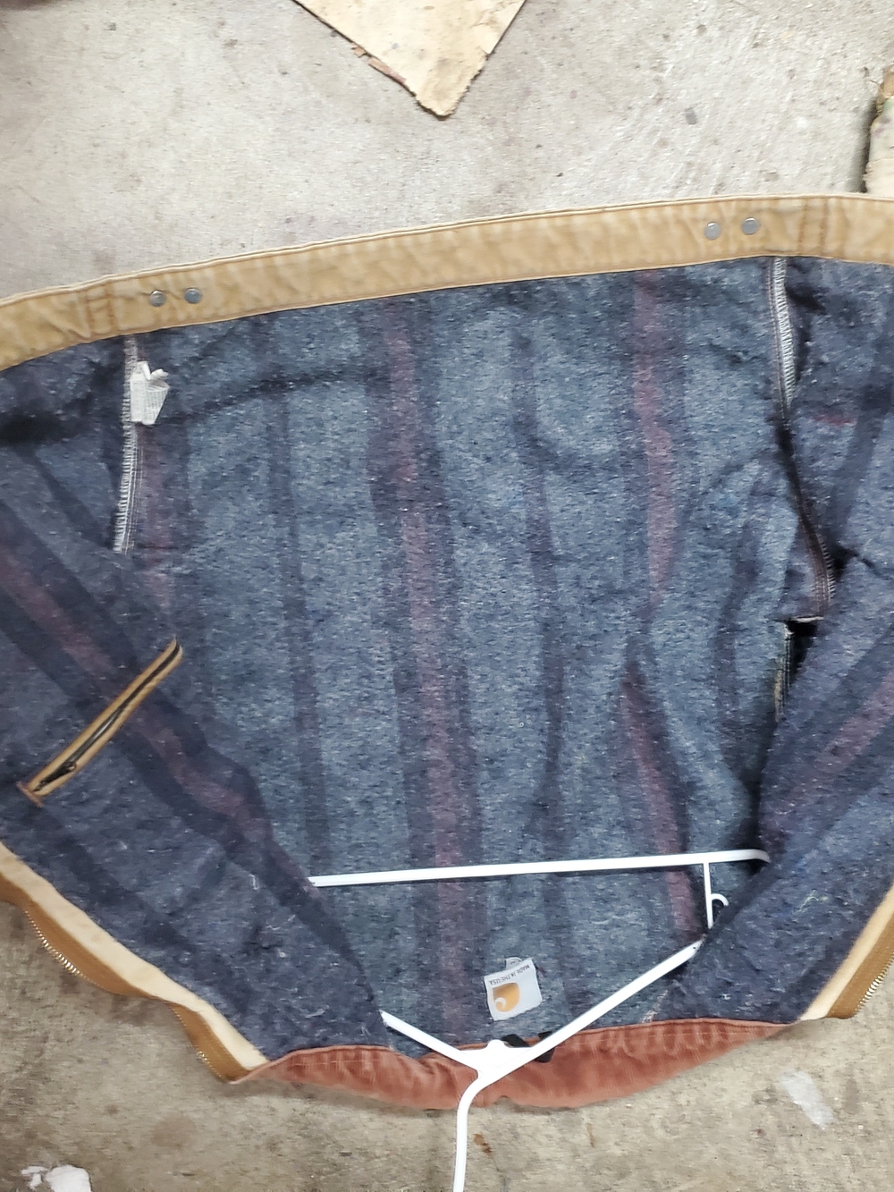 Carhartt Navy Striped Work Jacket with Brown Trim